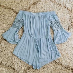 Blue Off the Shoulder Floral Lace Romper